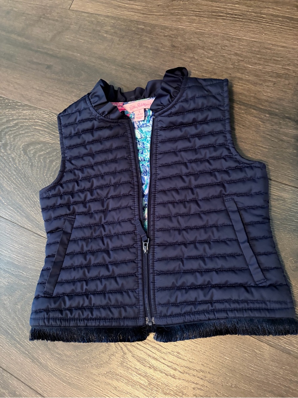 Lilly Pulitzer Navy Quilted Vest with Ruffle Neck 4/5T